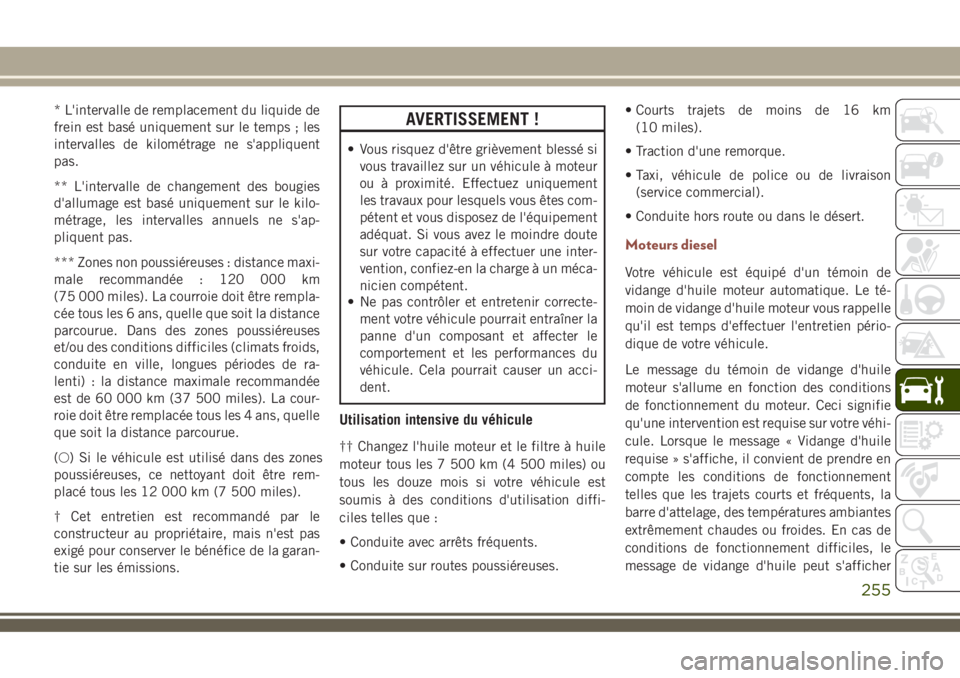 JEEP COMPASS 2018 Notice dentretien (in French) * L'intervalle de remplacement du liquide de
frein est basé uniquement sur le temps ; les
intervalles de kilométrage ne s'appliquent
pas.
** L'intervalle de changement des bougies
d' JEEP COMPASS 2018 Notice dentretien (in French) * L'intervalle de remplacement du liquide de
frein est basé uniquement sur le temps ; les
intervalles de kilométrage ne s'appliquent
pas.
** L'intervalle de changement des bougies
d'