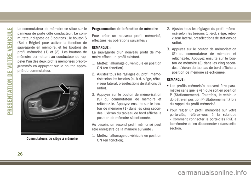 JEEP COMPASS 2018 Notice dentretien (in French) Le commutateur de mémoire se situe sur le
panneau de porte côté conducteur. Le com-
mutateur dispose de 3 boutons : le bouton S
(Set : Régler) pour activer la fonction de
sauvegarde en mémoire, e JEEP COMPASS 2018 Notice dentretien (in French) Le commutateur de mémoire se situe sur le
panneau de porte côté conducteur. Le com-
mutateur dispose de 3 boutons : le bouton S
(Set : Régler) pour activer la fonction de
sauvegarde en mémoire, e