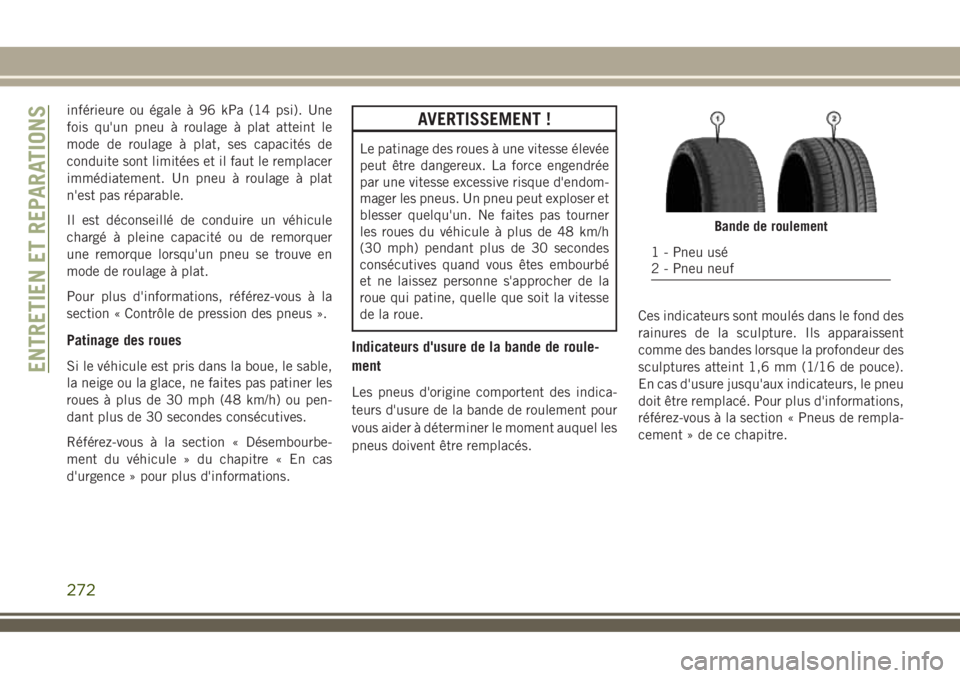 JEEP COMPASS 2018 Notice dentretien (in French) inférieure ou égale à 96 kPa (14 psi). Une
fois qu'un pneu à roulage à plat atteint le
mode de roulage à plat, ses capacités de
conduite sont limitées et il faut le remplacer
immédiatemen JEEP COMPASS 2018 Notice dentretien (in French) inférieure ou égale à 96 kPa (14 psi). Une
fois qu'un pneu à roulage à plat atteint le
mode de roulage à plat, ses capacités de
conduite sont limitées et il faut le remplacer
immédiatemen
