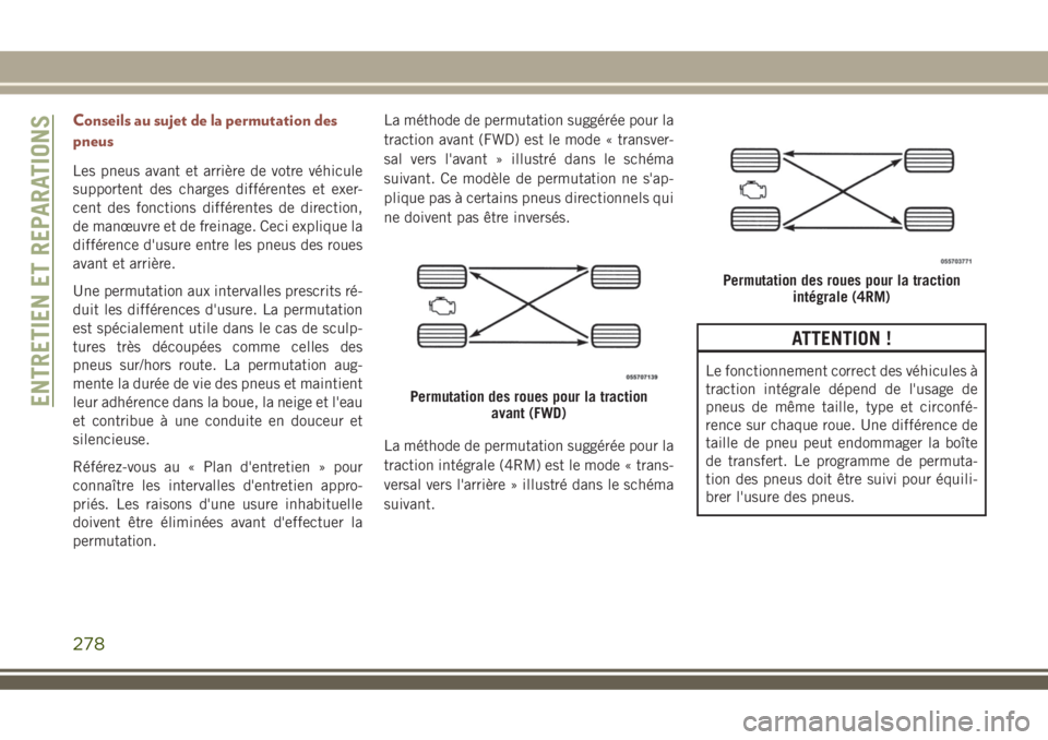 JEEP COMPASS 2018 Notice dentretien (in French) Conseils au sujet de la permutation des
pneus
Les pneus avant et arrière de votre véhicule
supportent des charges différentes et exer-
cent des fonctions différentes de direction,
de manœuvre et JEEP COMPASS 2018 Notice dentretien (in French) Conseils au sujet de la permutation des
pneus
Les pneus avant et arrière de votre véhicule
supportent des charges différentes et exer-
cent des fonctions différentes de direction,
de manœuvre et