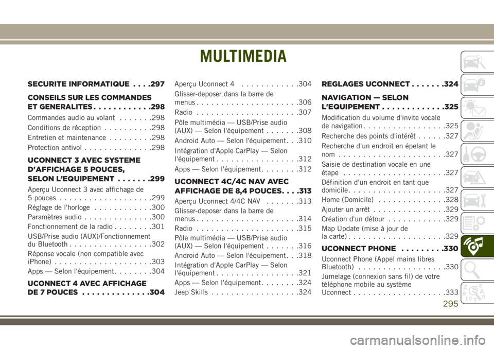 JEEP COMPASS 2018 Notice dentretien (in French) MULTIMEDIA
SECURITE INFORMATIQUE. . . .297
CONSEILS SUR LES COMMANDES
ET GENERALITES............298
Commandes audio au volant.......298
Conditions de réception..........298
Entretien et maintenance.. JEEP COMPASS 2018 Notice dentretien (in French) MULTIMEDIA
SECURITE INFORMATIQUE. . . .297
CONSEILS SUR LES COMMANDES
ET GENERALITES............298
Commandes audio au volant.......298
Conditions de réception..........298
Entretien et maintenance..