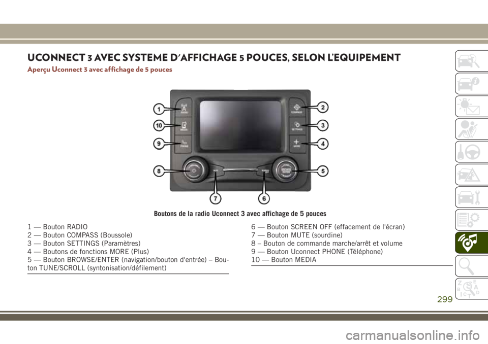 JEEP COMPASS 2018  Notice dentretien (in French) UCONNECT 3 AVEC SYSTEME D'AFFICHAGE 5 POUCES, SELON L’EQUIPEMENT
Aperçu Uconnect 3 avec affichage de 5 pouces
Boutons de la radio Uconnect 3 avec affichage de 5 pouces
1 — Bouton RADIO
2 — 