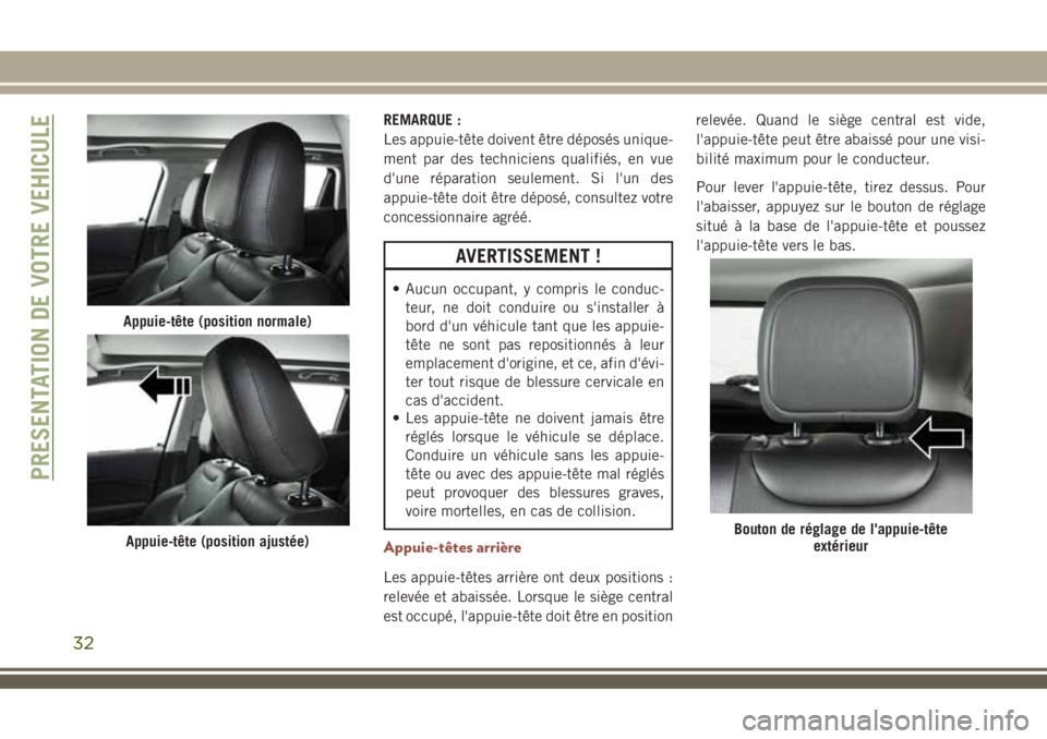 JEEP COMPASS 2018 Notice dentretien (in French) REMARQUE :
Les appuie-tête doivent être déposés unique-
ment par des techniciens qualifiés, en vue
d'une réparation seulement. Si l'un des
appuie-tête doit être déposé, consultez vot JEEP COMPASS 2018 Notice dentretien (in French) REMARQUE :
Les appuie-tête doivent être déposés unique-
ment par des techniciens qualifiés, en vue
d'une réparation seulement. Si l'un des
appuie-tête doit être déposé, consultez vot