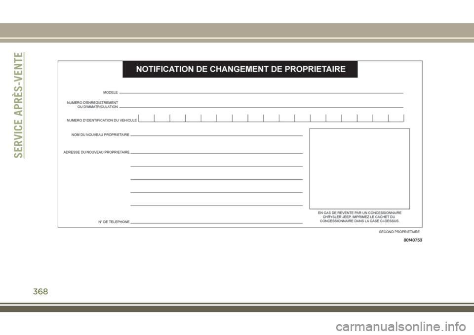 JEEP COMPASS 2018 Notice dentretien (in French) SERVICE APRÈS-VENTE
368 JEEP COMPASS 2018 Notice dentretien (in French) SERVICE APRÈS-VENTE
368