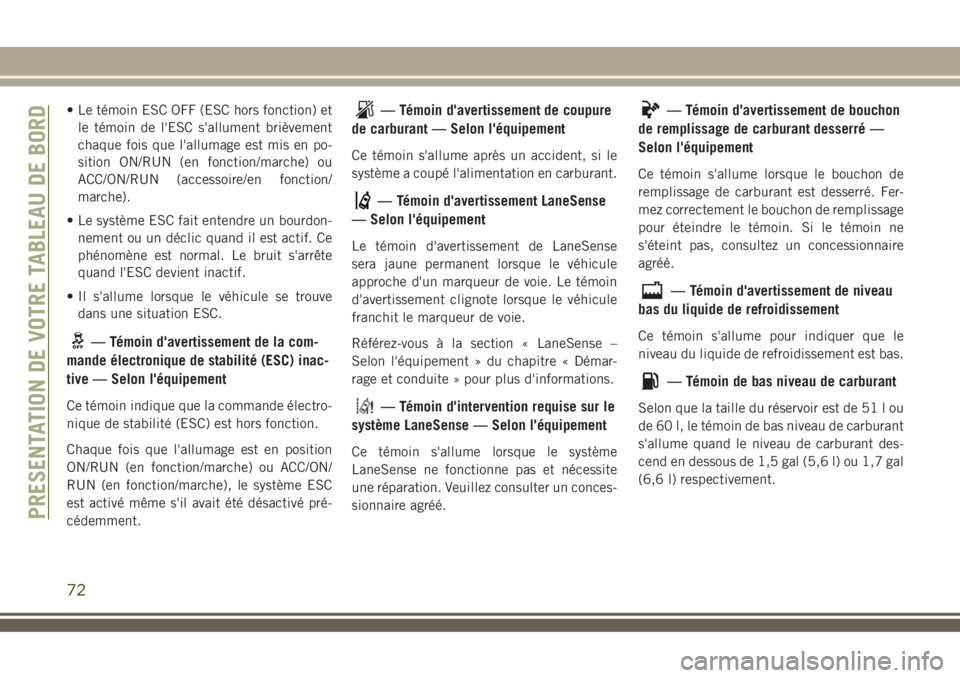 JEEP COMPASS 2018 Notice dentretien (in French) • Le témoin ESC OFF (ESC hors fonction) et
le témoin de l'ESC s'allument brièvement
chaque fois que l'allumage est mis en po-
sition ON/RUN (en fonction/marche) ou
ACC/ON/RUN (accesso JEEP COMPASS 2018 Notice dentretien (in French) • Le témoin ESC OFF (ESC hors fonction) et
le témoin de l'ESC s'allument brièvement
chaque fois que l'allumage est mis en po-
sition ON/RUN (en fonction/marche) ou
ACC/ON/RUN (accesso