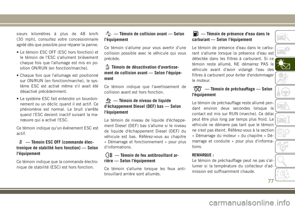 JEEP COMPASS 2018 Notice dentretien (in French) sieurs kilomètres à plus de 48 km/h
(30 mph), consultez votre concessionnaire
agréé dès que possible pour réparer la panne.
• Le témoin ESC OFF (ESC hors fonction) et
le témoin de l'ESC JEEP COMPASS 2018 Notice dentretien (in French) sieurs kilomètres à plus de 48 km/h
(30 mph), consultez votre concessionnaire
agréé dès que possible pour réparer la panne.
• Le témoin ESC OFF (ESC hors fonction) et
le témoin de l'ESC