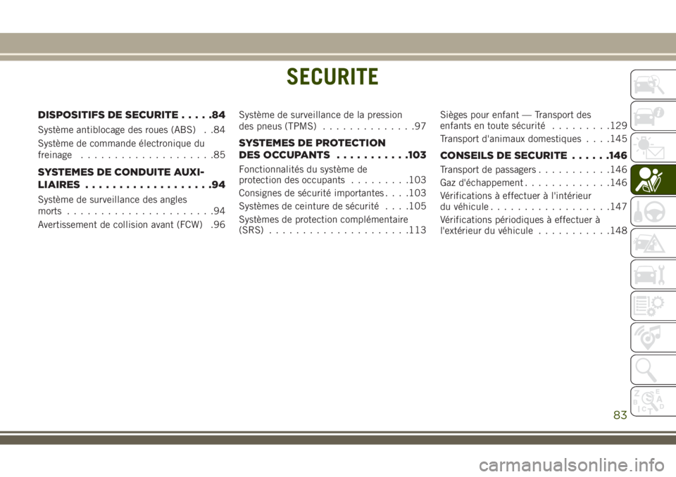 JEEP COMPASS 2018 Notice dentretien (in French) SECURITE
DISPOSITIFS DE SECURITE.....84
Système antiblocage des roues (ABS) . .84
Système de commande électronique du
freinage....................85
SYSTEMES DE CONDUITE AUXI-
LIAIRES.............. JEEP COMPASS 2018 Notice dentretien (in French) SECURITE
DISPOSITIFS DE SECURITE.....84
Système antiblocage des roues (ABS) . .84
Système de commande électronique du
freinage....................85
SYSTEMES DE CONDUITE AUXI-
LIAIRES..............