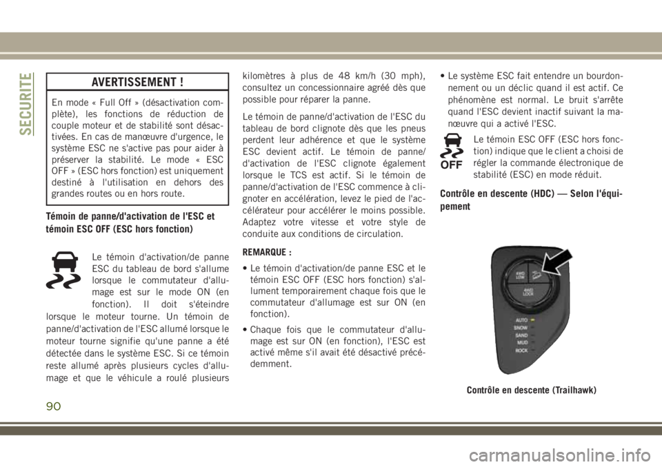 JEEP COMPASS 2018 Notice dentretien (in French) AVERTISSEMENT !
En mode « Full Off » (désactivation com-
plète), les fonctions de réduction de
couple moteur et de stabilité sont désac-
tivées. En cas de manœuvre d'urgence, le
système JEEP COMPASS 2018 Notice dentretien (in French) AVERTISSEMENT !
En mode « Full Off » (désactivation com-
plète), les fonctions de réduction de
couple moteur et de stabilité sont désac-
tivées. En cas de manœuvre d'urgence, le
système