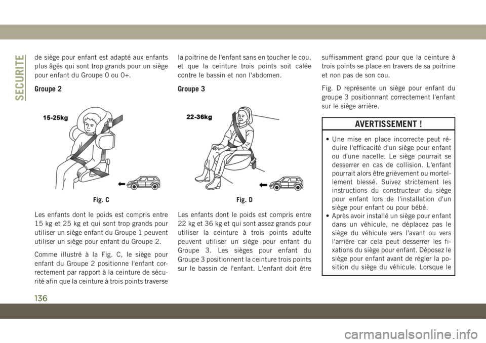 JEEP COMPASS 2019 Notice dentretien (in French) de siège pour enfant est adapté aux enfants
plus âgés qui sont trop grands pour un siège
pour enfant du Groupe 0 ou 0+.
Groupe 2
Les enfants dont le poids est compris entre
15 kg et 25 kg et qui JEEP COMPASS 2019 Notice dentretien (in French) de siège pour enfant est adapté aux enfants
plus âgés qui sont trop grands pour un siège
pour enfant du Groupe 0 ou 0+.
Groupe 2
Les enfants dont le poids est compris entre
15 kg et 25 kg et qui