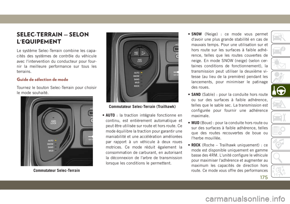 JEEP COMPASS 2019 Notice dentretien (in French) SELEC-TERRAIN — SELON
L'EQUIPEMENT
Le système Selec-Terrain combine les capa-
cités des systèmes de contrôle du véhicule
avec l'intervention du conducteur pour four-
nir la meilleure pe JEEP COMPASS 2019 Notice dentretien (in French) SELEC-TERRAIN — SELON
L'EQUIPEMENT
Le système Selec-Terrain combine les capa-
cités des systèmes de contrôle du véhicule
avec l'intervention du conducteur pour four-
nir la meilleure pe