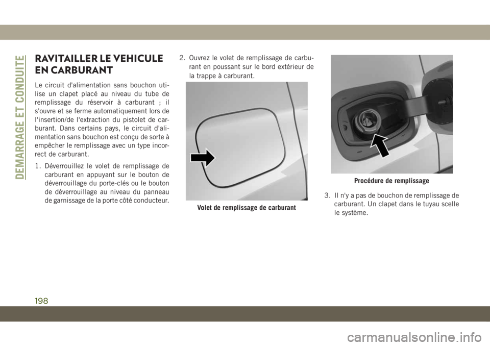 JEEP COMPASS 2019 Notice dentretien (in French) RAVITAILLER LE VEHICULE
EN CARBURANT
Le circuit d'alimentation sans bouchon uti-
lise un clapet placé au niveau du tube de
remplissage du réservoir à carburant ; il
s'ouvre et se ferme auto JEEP COMPASS 2019 Notice dentretien (in French) RAVITAILLER LE VEHICULE
EN CARBURANT
Le circuit d'alimentation sans bouchon uti-
lise un clapet placé au niveau du tube de
remplissage du réservoir à carburant ; il
s'ouvre et se ferme auto