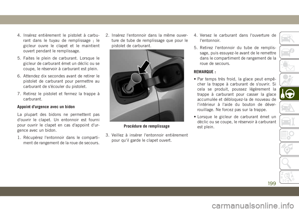 JEEP COMPASS 2019 Notice dentretien (in French) 4. Insérez entièrement le pistolet à carbu-
rant dans le tuyau de remplissage ; le
gicleur ouvre le clapet et le maintient
ouvert pendant le remplissage.
5. Faites le plein de carburant. Lorsque le JEEP COMPASS 2019 Notice dentretien (in French) 4. Insérez entièrement le pistolet à carbu-
rant dans le tuyau de remplissage ; le
gicleur ouvre le clapet et le maintient
ouvert pendant le remplissage.
5. Faites le plein de carburant. Lorsque le
