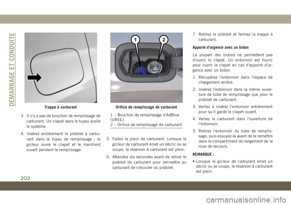 JEEP COMPASS 2019 Notice dentretien (in French) 3. Il n'y a pas de bouchon de remplissage de
carburant. Un clapet dans le tuyau scelle
le système.
4. Insérez entièrement le pistolet à carbu-
rant dans le tuyau de remplissage ; le
gicleur ou JEEP COMPASS 2019 Notice dentretien (in French) 3. Il n'y a pas de bouchon de remplissage de
carburant. Un clapet dans le tuyau scelle
le système.
4. Insérez entièrement le pistolet à carbu-
rant dans le tuyau de remplissage ; le
gicleur ou