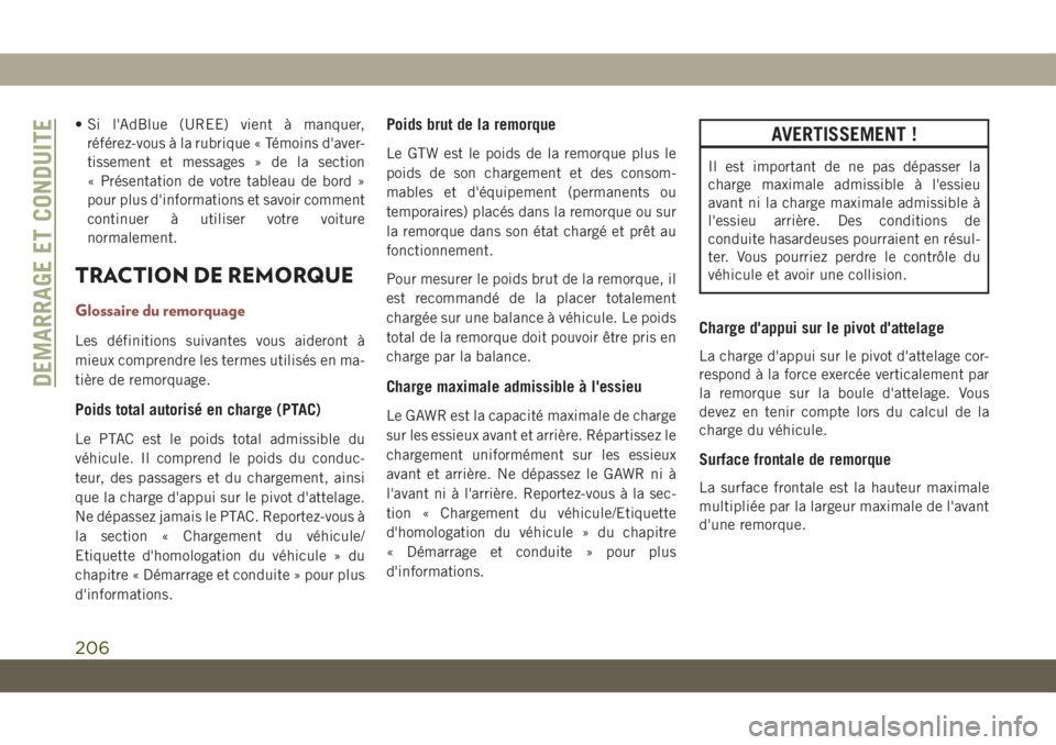 JEEP COMPASS 2019 Notice dentretien (in French) • Si l'AdBlue (UREE) vient à manquer,
référez-vous à la rubrique « Témoins d'aver-
tissement et messages » de la section
« Présentation de votre tableau de bord »
pour plus d'i JEEP COMPASS 2019 Notice dentretien (in French) • Si l'AdBlue (UREE) vient à manquer,
référez-vous à la rubrique « Témoins d'aver-
tissement et messages » de la section
« Présentation de votre tableau de bord »
pour plus d'i