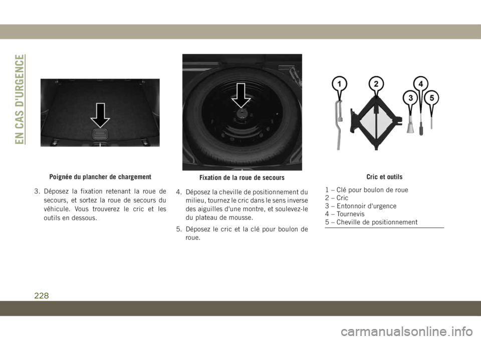 JEEP COMPASS 2019 Notice dentretien (in French) 3. Déposez la fixation retenant la roue de
secours, et sortez la roue de secours du
véhicule. Vous trouverez le cric et les
outils en dessous.4. Déposez la cheville de positionnement du
milieu, tou JEEP COMPASS 2019 Notice dentretien (in French) 3. Déposez la fixation retenant la roue de
secours, et sortez la roue de secours du
véhicule. Vous trouverez le cric et les
outils en dessous.4. Déposez la cheville de positionnement du
milieu, tou