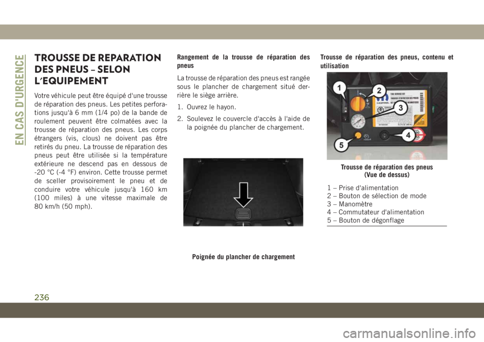 JEEP COMPASS 2019 Notice dentretien (in French) TROUSSE DE REPARATION
DES PNEUS – SELON
L'EQUIPEMENT
Votre véhicule peut être équipé d'une trousse
de réparation des pneus. Les petites perfora-
tions jusqu'à 6 mm (1/4 po) de la b JEEP COMPASS 2019 Notice dentretien (in French) TROUSSE DE REPARATION
DES PNEUS – SELON
L'EQUIPEMENT
Votre véhicule peut être équipé d'une trousse
de réparation des pneus. Les petites perfora-
tions jusqu'à 6 mm (1/4 po) de la b