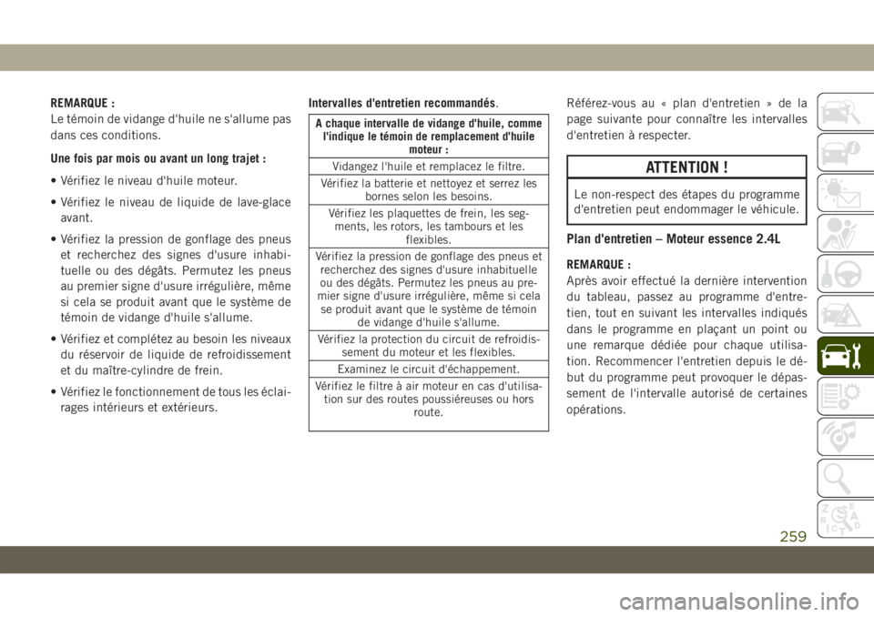 JEEP COMPASS 2019 Notice dentretien (in French) REMARQUE :
Le témoin de vidange d'huile ne s'allume pas
dans ces conditions.
Une fois par mois ou avant un long trajet :
• Vérifiez le niveau d'huile moteur.
• Vérifiez le niveau de JEEP COMPASS 2019 Notice dentretien (in French) REMARQUE :
Le témoin de vidange d'huile ne s'allume pas
dans ces conditions.
Une fois par mois ou avant un long trajet :
• Vérifiez le niveau d'huile moteur.
• Vérifiez le niveau de