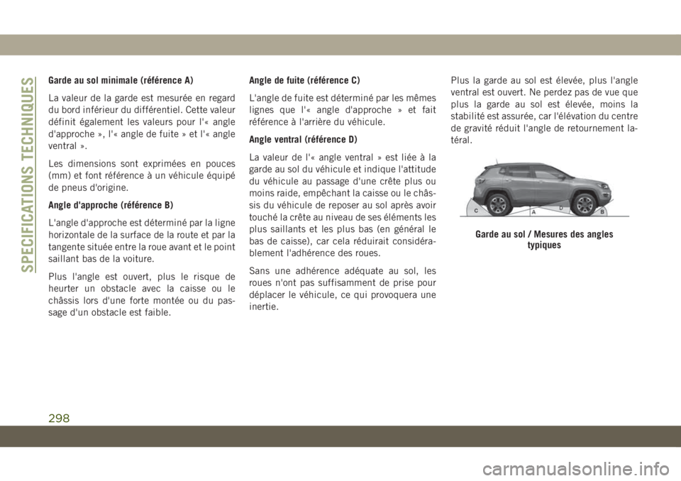 JEEP COMPASS 2019 Notice dentretien (in French) Garde au sol minimale (référence A)
La valeur de la garde est mesurée en regard
du bord inférieur du différentiel. Cette valeur
définit également les valeurs pour l'« angle
d'approche JEEP COMPASS 2019 Notice dentretien (in French) Garde au sol minimale (référence A)
La valeur de la garde est mesurée en regard
du bord inférieur du différentiel. Cette valeur
définit également les valeurs pour l'« angle
d'approche