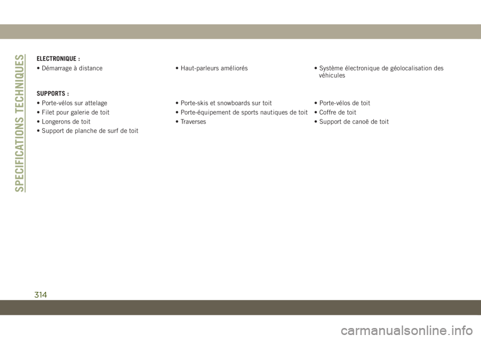 JEEP COMPASS 2019 Notice dentretien (in French) ELECTRONIQUE :
• Démarrage à distance • Haut-parleurs améliorés • Système électronique de géolocalisation des
véhicules
SUPPORTS :
• Porte-vélos sur attelage • Porte-skis et snowboa JEEP COMPASS 2019 Notice dentretien (in French) ELECTRONIQUE :
• Démarrage à distance • Haut-parleurs améliorés • Système électronique de géolocalisation des
véhicules
SUPPORTS :
• Porte-vélos sur attelage • Porte-skis et snowboa