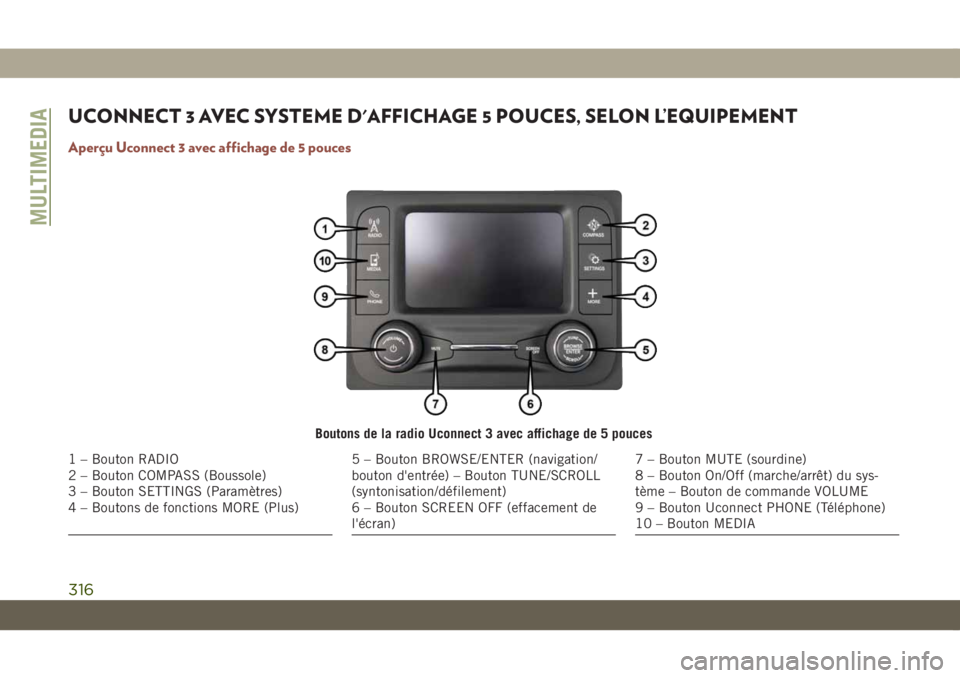 JEEP COMPASS 2019 Notice dentretien (in French) UCONNECT 3 AVEC SYSTEME D'AFFICHAGE 5 POUCES, SELON L’EQUIPEMENT
Aperçu Uconnect 3 avec affichage de 5 pouces
Boutons de la radio Uconnect 3 avec affichage de 5 pouces
1 – Bouton RADIO
2 – JEEP COMPASS 2019 Notice dentretien (in French) UCONNECT 3 AVEC SYSTEME D'AFFICHAGE 5 POUCES, SELON L’EQUIPEMENT
Aperçu Uconnect 3 avec affichage de 5 pouces
Boutons de la radio Uconnect 3 avec affichage de 5 pouces
1 – Bouton RADIO
2 –