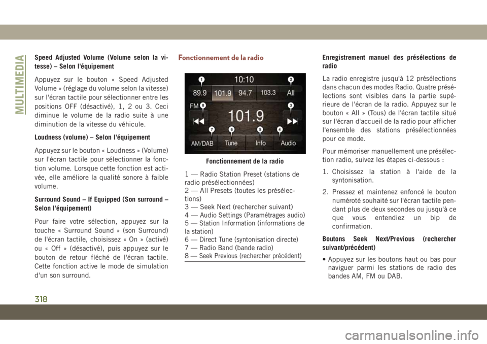 JEEP COMPASS 2019 Notice dentretien (in French) Speed Adjusted Volume (Volume selon la vi-
tesse) – Selon l'équipement
Appuyez sur le bouton « Speed Adjusted
Volume » (réglage du volume selon la vitesse)
sur l'écran tactile pour sél JEEP COMPASS 2019 Notice dentretien (in French) Speed Adjusted Volume (Volume selon la vi-
tesse) – Selon l'équipement
Appuyez sur le bouton « Speed Adjusted
Volume » (réglage du volume selon la vitesse)
sur l'écran tactile pour sél