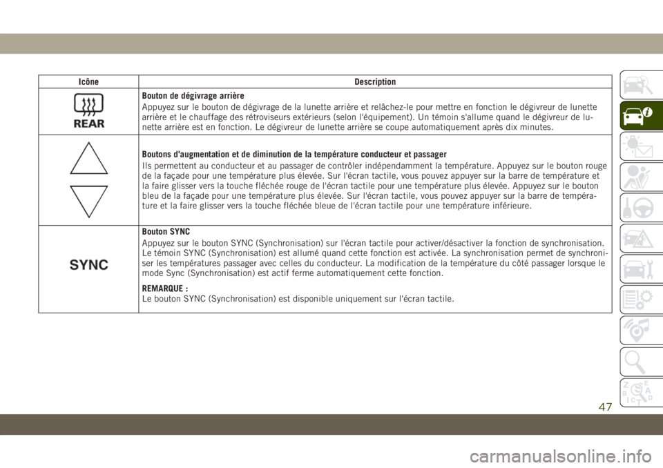 JEEP COMPASS 2019 Notice dentretien (in French) Icône Description
Bouton de dégivrage arrière
Appuyez sur le bouton de dégivrage de la lunette arrière et relâchez-le pour mettre en fonction le dégivreur de lunette
arrière et le chauffage de JEEP COMPASS 2019 Notice dentretien (in French) Icône Description
Bouton de dégivrage arrière
Appuyez sur le bouton de dégivrage de la lunette arrière et relâchez-le pour mettre en fonction le dégivreur de lunette
arrière et le chauffage de