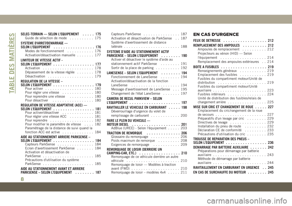 JEEP COMPASS 2019  Notice dentretien (in French) SELEC-TERRAIN — SELON L'EQUIPEMENT..... 175Guide de sélection de mode.......... 175
SYSTEME D'ARRET/DEMARRAGE —
SELON L'EQUIPEMENT.................176
Modes de fonctionnement.........