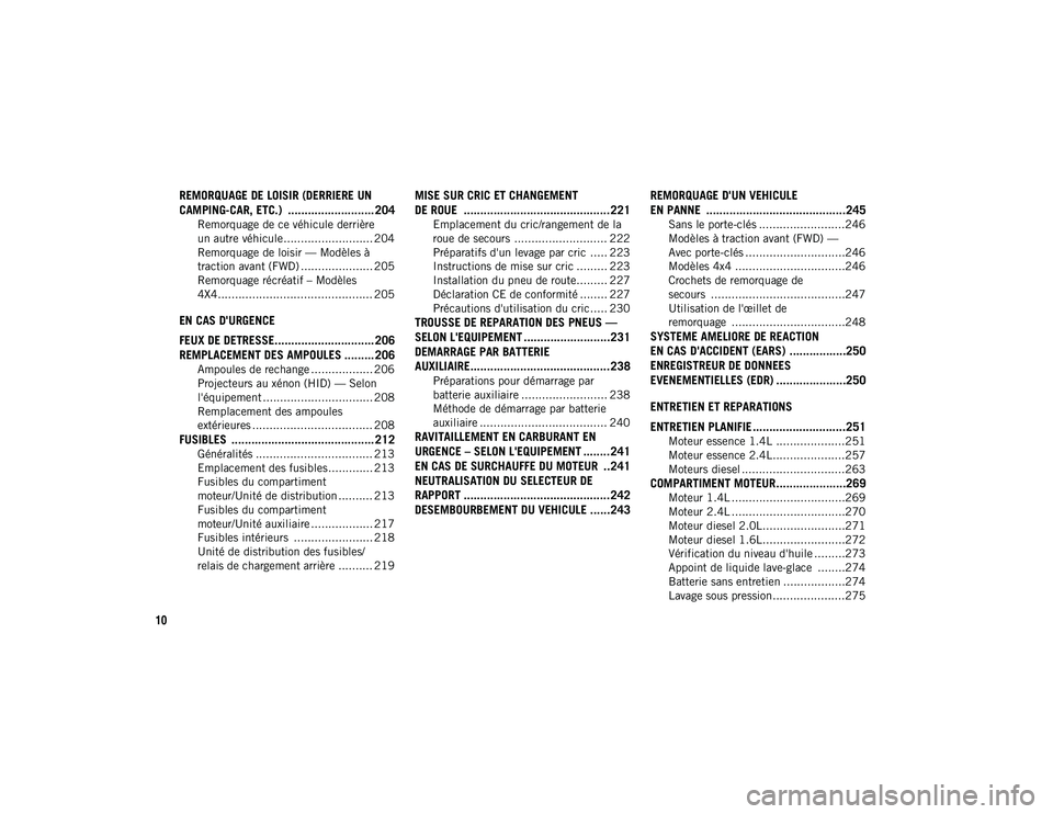 JEEP COMPASS 2020  Notice dentretien (in French) 10
REMORQUAGE DE LOISIR (DERRIERE UN 
CAMPING-CAR, ETC.)  .......................... 204
Remorquage de ce véhicule derrière
un autre véhicule.......................... 204 Remorquage de loisir — 