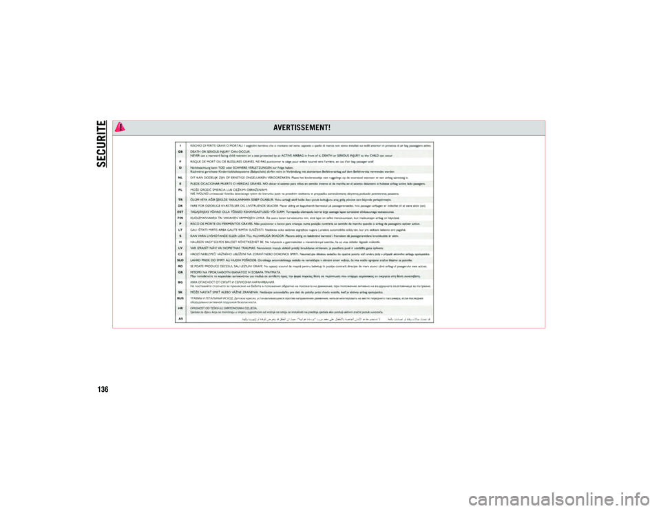 JEEP COMPASS 2020 Notice dentretien (in French) SECURITE
136
AVERTISSEMENT!
20_MP_UG_FR_EU_t.book Page 136 JEEP COMPASS 2020 Notice dentretien (in French) SECURITE
136
AVERTISSEMENT!
20_MP_UG_FR_EU_t.book Page 136