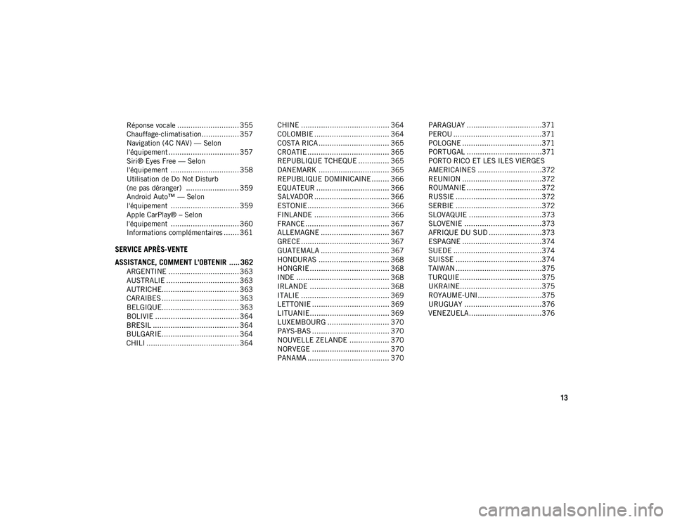 JEEP COMPASS 2020  Notice dentretien (in French) 13
Réponse vocale ............................ 355
Chauffage-climatisation................. 357
Navigation (4C NAV) — Selon 
l'équipement ................................ 357 Siri® Eyes Free 