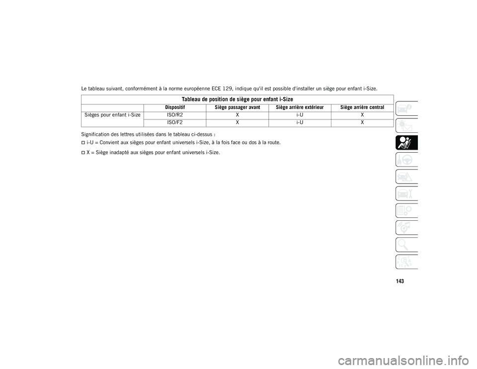 JEEP COMPASS 2020 Notice dentretien (in French) 143
Le tableau suivant, conformément à la norme européenne ECE 129, indique qu'il est possible d'installer un siège pour enfant i-Size.
Signification des lettres utilisées dans le tableau JEEP COMPASS 2020 Notice dentretien (in French) 143
Le tableau suivant, conformément à la norme européenne ECE 129, indique qu'il est possible d'installer un siège pour enfant i-Size.
Signification des lettres utilisées dans le tableau