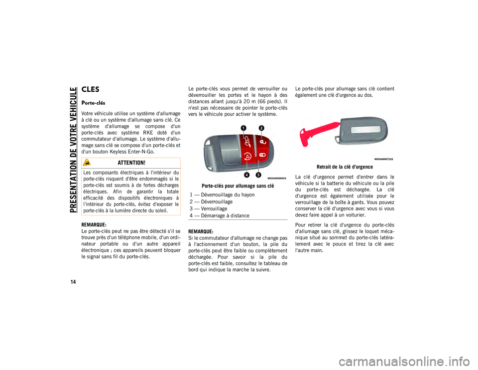 JEEP COMPASS 2020  Notice dentretien (in French) 14
PRESENTATION DE VOTRE VEHICULE
CLES 
Porte-clés  
Votre véhicule utilise un système d'allumage
à clé ou un système d'allumage sans clé. Ce
système  d'allumage  se  compose  d