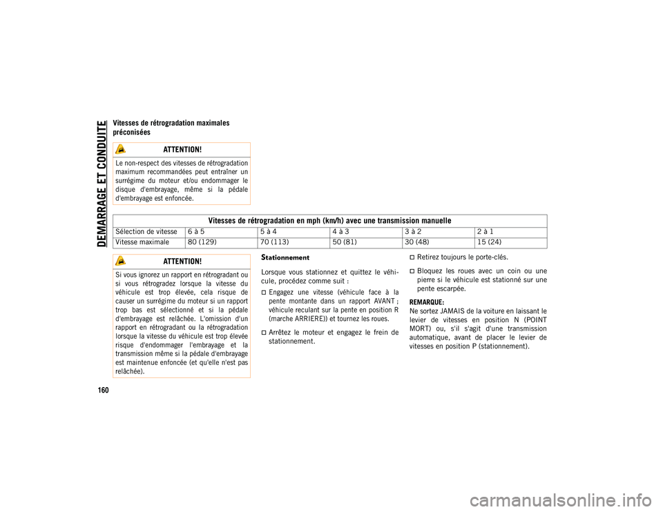 JEEP COMPASS 2020 Notice dentretien (in French) DEMARRAGE ET CONDUITE
160
Vitesses de rétrogradation maximales
préconiséesStationnement
Lorsque vous stationnez et quittez le véhi-
cule, procédez comme suit :
Engagez une vitesse ( JEEP COMPASS 2020 Notice dentretien (in French) DEMARRAGE ET CONDUITE
160
Vitesses de rétrogradation maximales
préconiséesStationnement
Lorsque vous stationnez et quittez le véhi-
cule, procédez comme suit :
Engagez une vitesse (