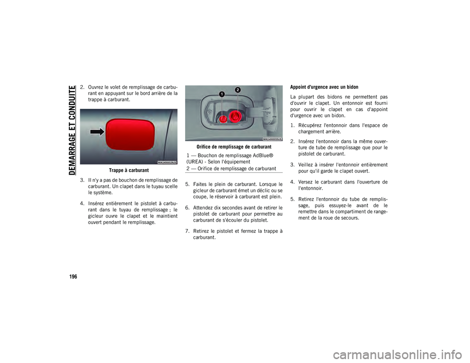 JEEP COMPASS 2020  Notice dentretien (in French) DEMARRAGE ET CONDUITE
196
2. Ouvrez le volet de remplissage de carbu-rant en appuyant sur le bord arrière de la
trappe à carburant.
Trappe à carburant
3. Il n'y a pas de bouchon de remplissage 