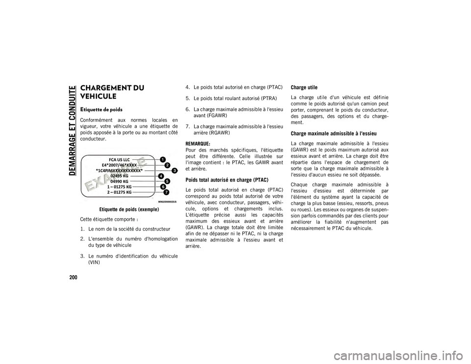 JEEP COMPASS 2020 Notice dentretien (in French) DEMARRAGE ET CONDUITE
200
CHARGEMENT DU
VEHICULE
Etiquette de poids
Conformément aux normes locales en
vigueur, votre véhicule a une étiquette de
poids apposée à la porte ou au mont JEEP COMPASS 2020 Notice dentretien (in French) DEMARRAGE ET CONDUITE
200
CHARGEMENT DU
VEHICULE
Etiquette de poids
Conformément aux normes locales en
vigueur, votre véhicule a une étiquette de
poids apposée à la porte ou au mont