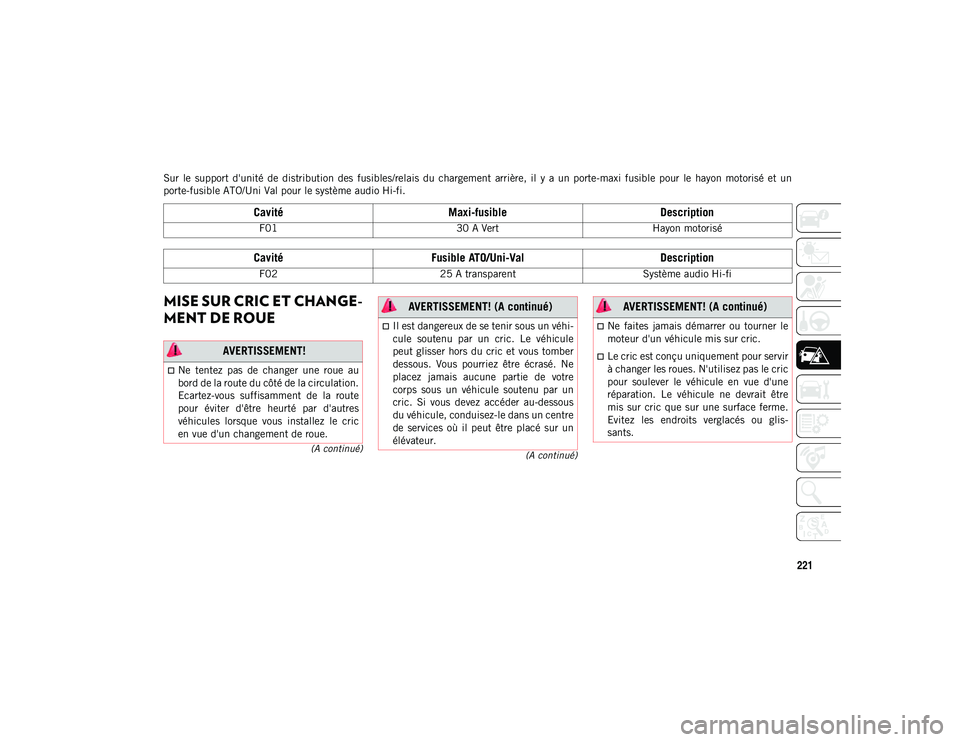 JEEP COMPASS 2020 Notice dentretien (in French) 221
(A continué)
(A continué)
Sur le support d'unité de distribution des fusibles/relais du chargement arrière, il y a un porte-maxi fusible pour le hayon motorisé et un JEEP COMPASS 2020 Notice dentretien (in French) 221
(A continué)
(A continué)
Sur le support d'unité de distribution des fusibles/relais du chargement arrière, il y a un porte-maxi fusible pour le hayon motorisé et un