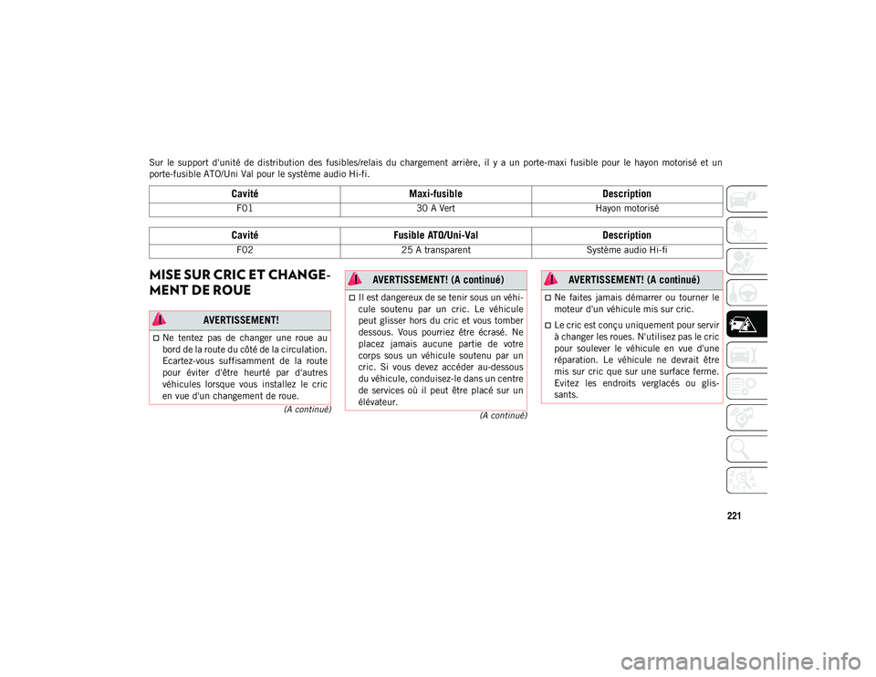 JEEP COMPASS 2020  Notice dentretien (in French) 221
(A continué)
(A continué)
Sur  le  support  d'unité  de  distribution  des  fusibles/relais  du  chargement  arrière,  il  y  a  un  porte-maxi  fusible  pour  le  hayon  motorisé  et  un