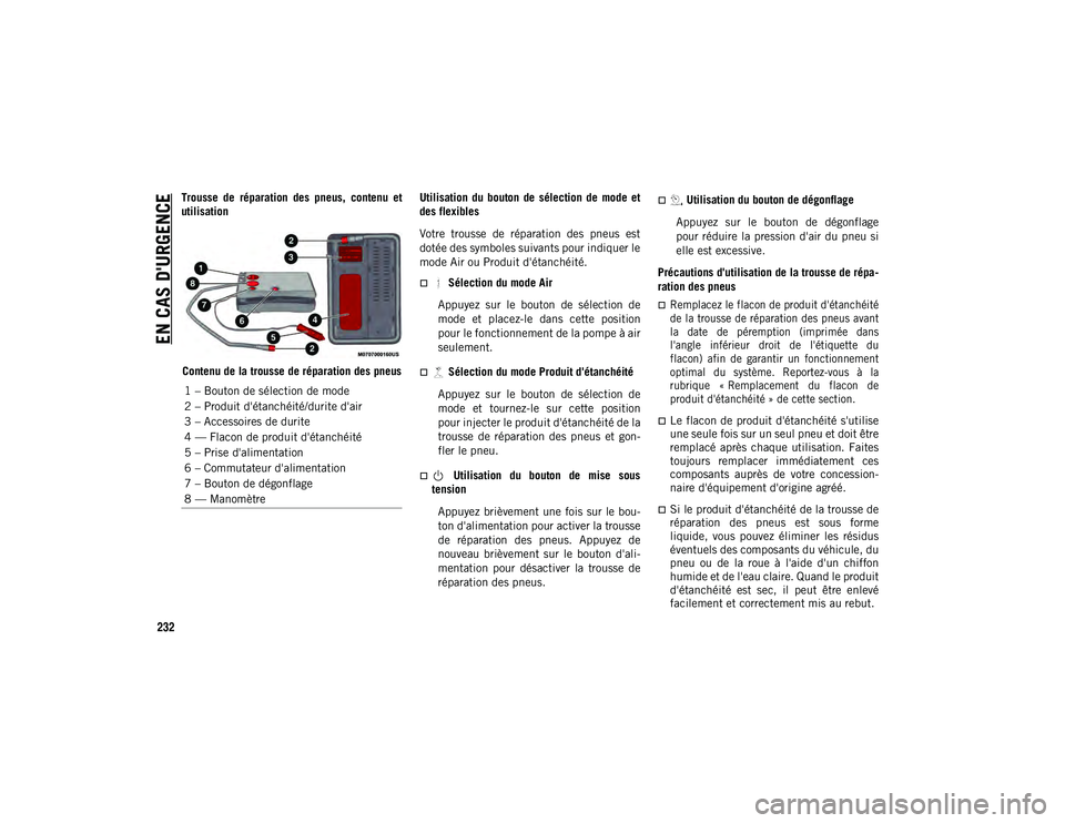 JEEP COMPASS 2020 Notice dentretien (in French) EN CAS D'URGENCE
232
Trousse de réparation des pneus, contenu et
utilisationContenu de la trousse de réparation des pneus Utilisation du bouton de sélection de mode et
des flexible JEEP COMPASS 2020 Notice dentretien (in French) EN CAS D'URGENCE
232
Trousse de réparation des pneus, contenu et
utilisationContenu de la trousse de réparation des pneus Utilisation du bouton de sélection de mode et
des flexible