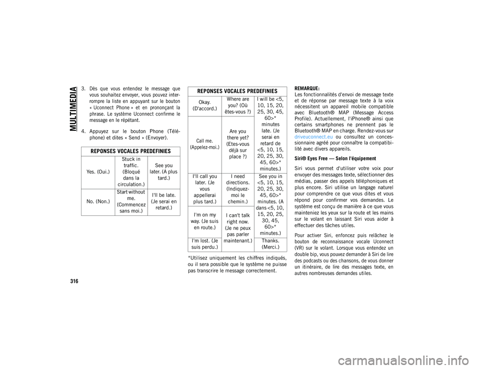 JEEP COMPASS 2020  Notice dentretien (in French) MULTIMEDIA
316

3. Dès  que  vous  entendez  le  message  quevous  souhaitez  envoyer, vous  pouvez inter-
rompre  la  liste  en  appuyant  sur  le  bouton
« Uconnect  Phone »  et  en  prononçant 