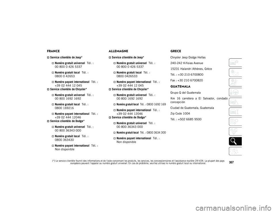 JEEP COMPASS 2020 Notice dentretien (in French)
(*) Le service clientèle fournit des informations et de l'aide concernant les produits, les services, les concessionnaires et l'assistance routière 24 h/24. La plupart des pays européens p JEEP COMPASS 2020 Notice dentretien (in French)
(*) Le service clientèle fournit des informations et de l'aide concernant les produits, les services, les concessionnaires et l'assistance routière 24 h/24. La plupart des pays européens p