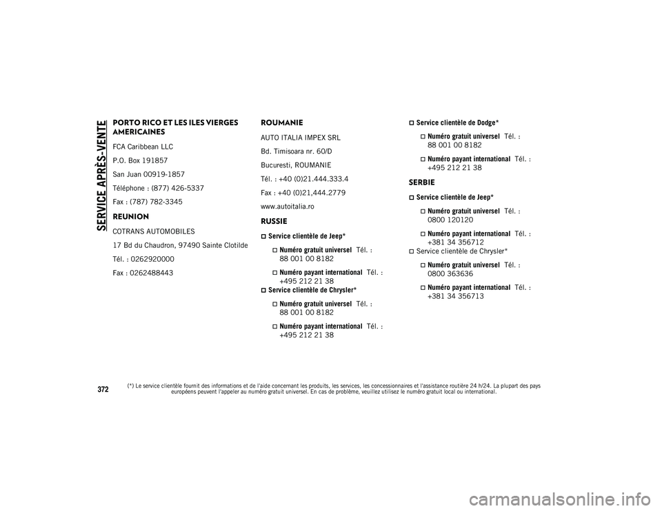 JEEP COMPASS 2020 Notice dentretien (in French) SERVICE APRÈS-VENTE
(*) Le service clientèle fournit des informations et de l'aide concernant les produits, les services, les concessionnaires et l'assistance routière 24 h/24. La plupart JEEP COMPASS 2020 Notice dentretien (in French) SERVICE APRÈS-VENTE
(*) Le service clientèle fournit des informations et de l'aide concernant les produits, les services, les concessionnaires et l'assistance routière 24 h/24. La plupart