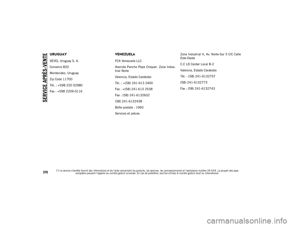 JEEP COMPASS 2020 Notice dentretien (in French) SERVICE APRÈS-VENTE
(*) Le service clientèle fournit des informations et de l'aide concernant les produits, les services, les concessionnaires et l'assistance routière 24 h/24. La plupart JEEP COMPASS 2020 Notice dentretien (in French) SERVICE APRÈS-VENTE
(*) Le service clientèle fournit des informations et de l'aide concernant les produits, les services, les concessionnaires et l'assistance routière 24 h/24. La plupart