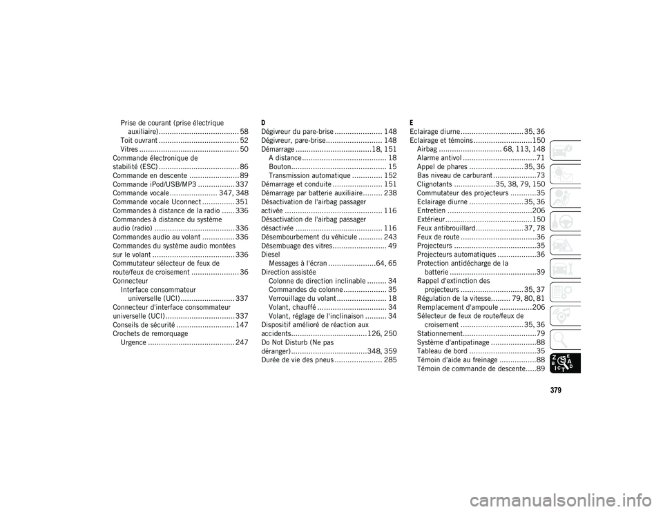 JEEP COMPASS 2020  Notice dentretien (in French) 379
Prise de courant (prise électrique auxiliaire) ..................................... 58
Toit ouvrant ..................................... 52
Vitres ..............................................