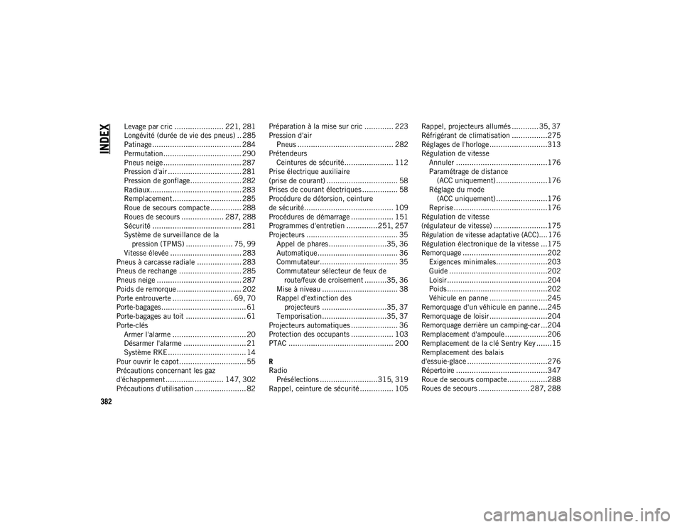 JEEP COMPASS 2020  Notice dentretien (in French) 382
INDEX
Levage par cric ...................... 221, 281
Longévité (durée de vie des pneus) .. 285
Patinage ........................................ 284
Permutation ...............................