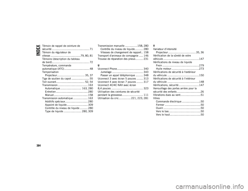 JEEP COMPASS 2020  Notice dentretien (in French) 384
INDEX
Témoin de rappel de ceinture de 
sécurité .............................................. 71
Témoin du régulateur de
vitesse .....................................79, 80 , 81
Témoins (de