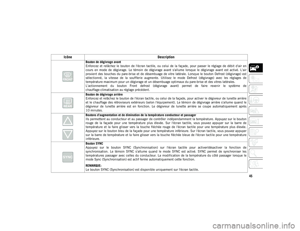 JEEP COMPASS 2020  Notice dentretien (in French) 45
Bouton de dégivrage avant
Enfoncez  et  relâchez  le  bouton  de  l'écran  tactile,  ou  celui  de  la  façade,  pour  passer  le  réglage  de  débit  d'air  en
cours  en  mode  de  d