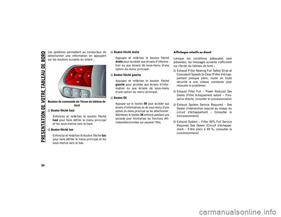 JEEP COMPASS 2020 Notice dentretien (in French) PRESENTATION DE VOTRE TABLEAU DE BORD
64
Les systèmes permettent au conducteur de
sélectionner une information en appuyant
sur les boutons suivants du volant :
Boutons de commande de l' JEEP COMPASS 2020 Notice dentretien (in French) PRESENTATION DE VOTRE TABLEAU DE BORD
64
Les systèmes permettent au conducteur de
sélectionner une information en appuyant
sur les boutons suivants du volant :
Boutons de commande de l'