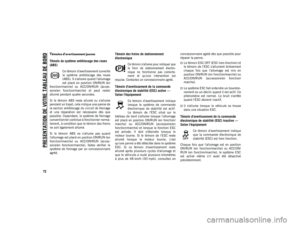 JEEP COMPASS 2020 Notice dentretien (in French) PRESENTATION DE VOTRE TABLEAU DE BORD
72
Témoins d'avertissement jaunes
Témoin du système antiblocage des roues
(ABS)
Ce témoin d'avertissement surveille
le système antiblocage des JEEP COMPASS 2020 Notice dentretien (in French) PRESENTATION DE VOTRE TABLEAU DE BORD
72
Témoins d'avertissement jaunes
Témoin du système antiblocage des roues
(ABS)
Ce témoin d'avertissement surveille
le système antiblocage des