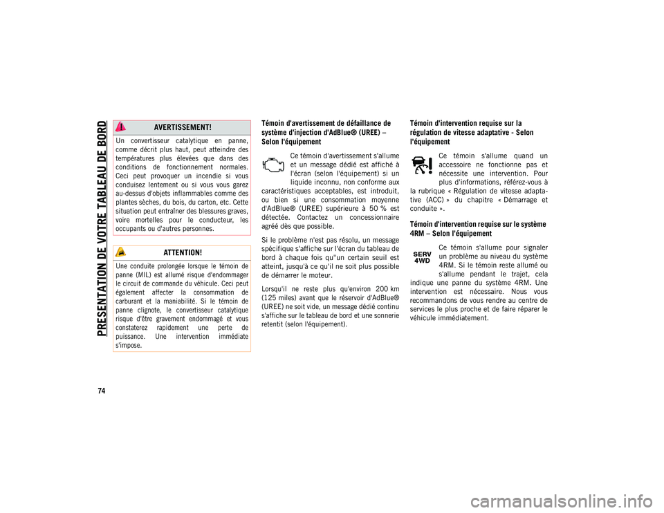 JEEP COMPASS 2020 Notice dentretien (in French) PRESENTATION DE VOTRE TABLEAU DE BORD
74
Témoin d'avertissement de défaillance de
système d'injection d'AdBlue® (UREE) –
Selon l'équipement
Ce témoin d'avertissement s JEEP COMPASS 2020 Notice dentretien (in French) PRESENTATION DE VOTRE TABLEAU DE BORD
74
Témoin d'avertissement de défaillance de
système d'injection d'AdBlue® (UREE) –
Selon l'équipement
Ce témoin d'avertissement s