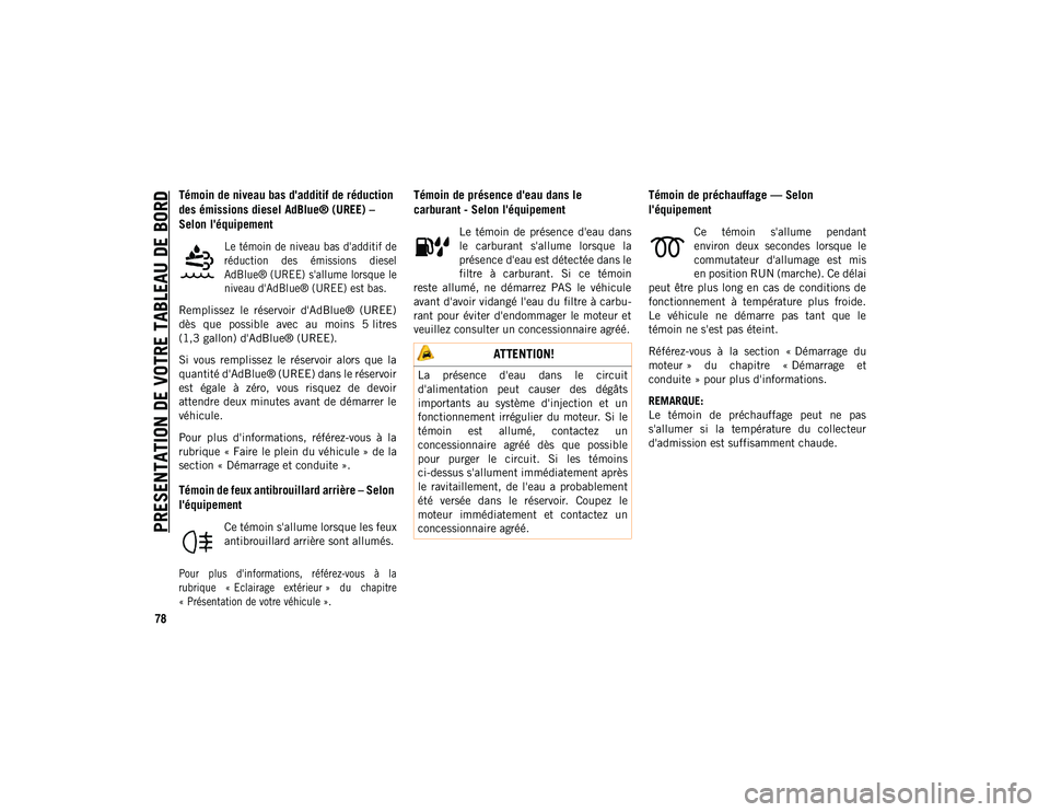 JEEP COMPASS 2020  Notice dentretien (in French) PRESENTATION DE VOTRE TABLEAU DE BORD
78
Témoin de niveau bas d'additif de réduction 
des émissions diesel AdBlue® (UREE) – 
Selon l'équipement

Le  témoin de niveau bas  d'additif